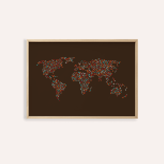 Framed Map Of The World Poster with multicoloured dots on a dark brown background wooden frame