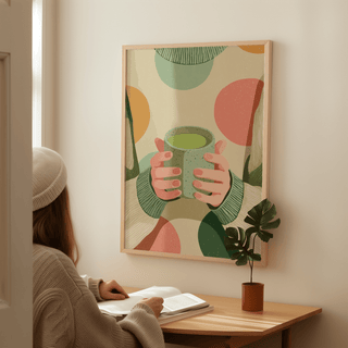 Cozy Matcha Art print on a wall in a neutral room with a wooden desk and a small potted plant