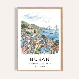 Illustrated Busan coastal hillside poster with bridge and boats