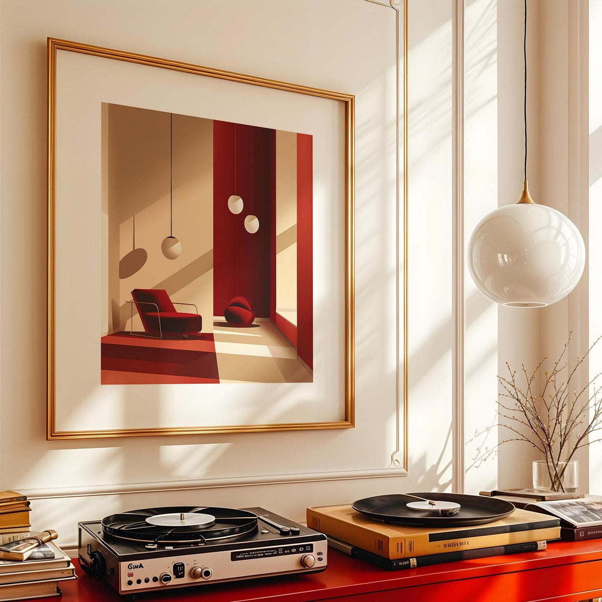 Framed Red Wall Art of a red armchair with geometric shadows above two audio turntables