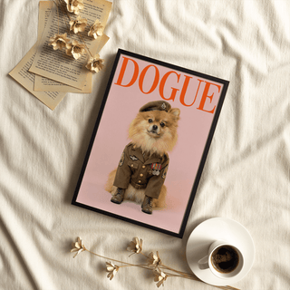 Military Dog Wall Art framed close-up of a dog in brown military uniform with medals and orange text on pink background with coffee cup