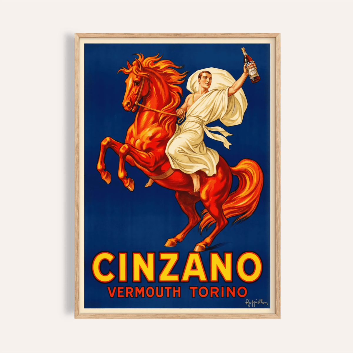 Vintage Italian Aperitif Poster of a man on a rearing orange horse holding a bottle in a wooden frame