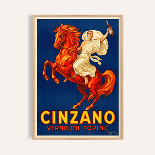 Vintage Italian Aperitif Poster of a man on a rearing orange horse holding a bottle in a wooden frame