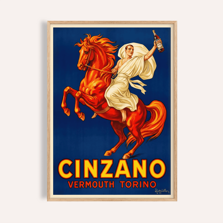 Vintage Italian Aperitif Poster of a man on a rearing orange horse holding a bottle in a wooden frame