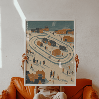 Winter Village Art Print held showing minimalist folk-art style with winter village skating rink scene