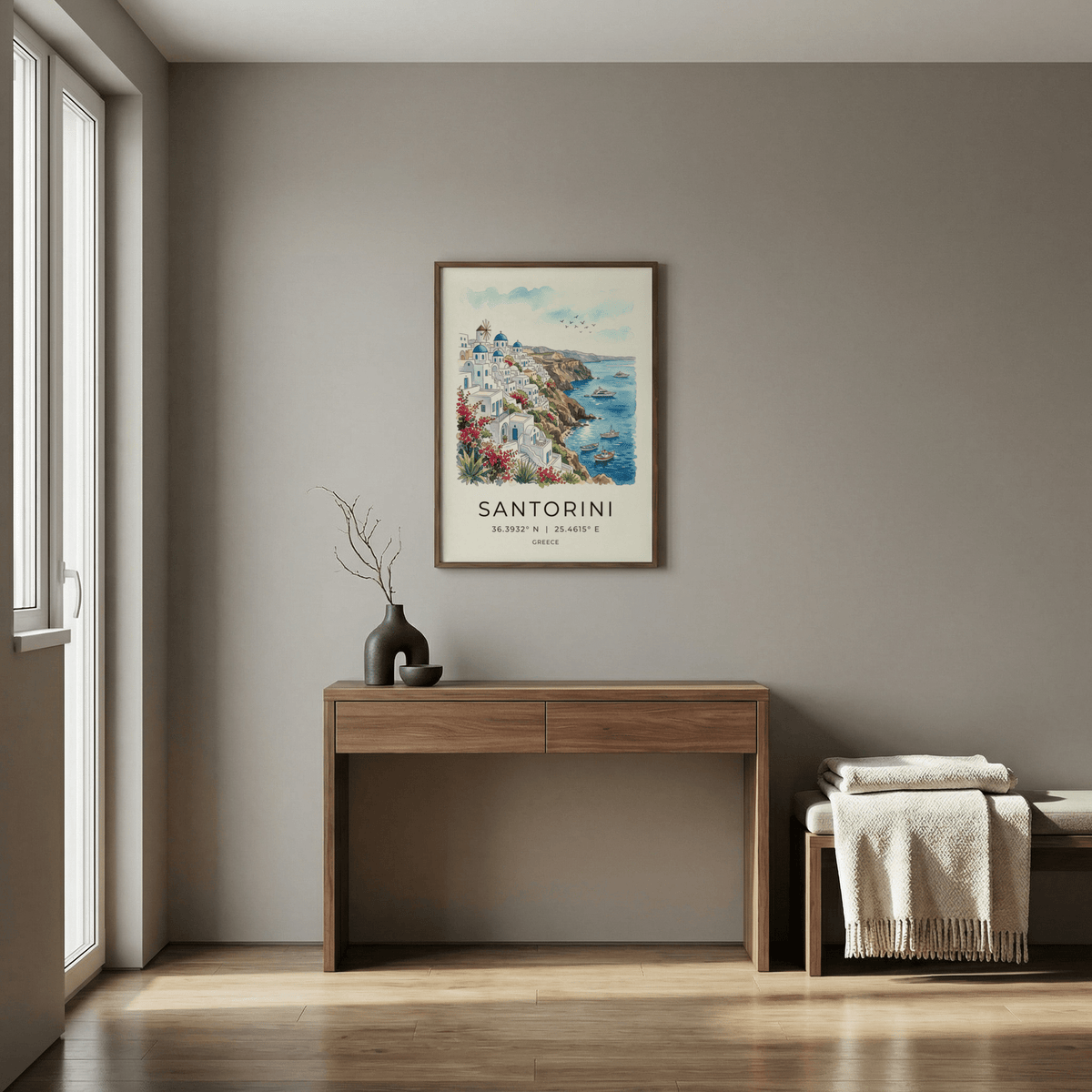 Santorini art print watercolour illustration of cliffside village above wooden console with vase in a room