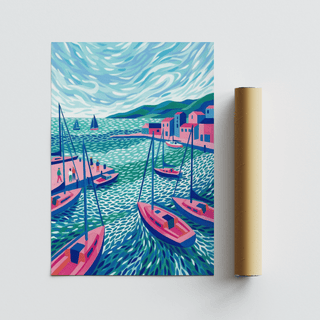 Harbor sailboats print next to a brown packaging tube with blue and pink colours