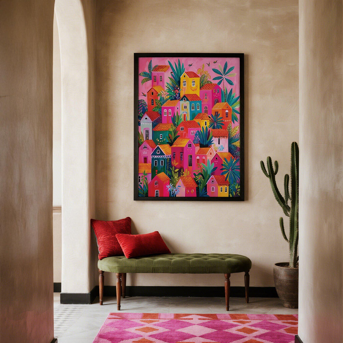 Vibrant wall art showing Mexican Village Painting of houses and greenery.