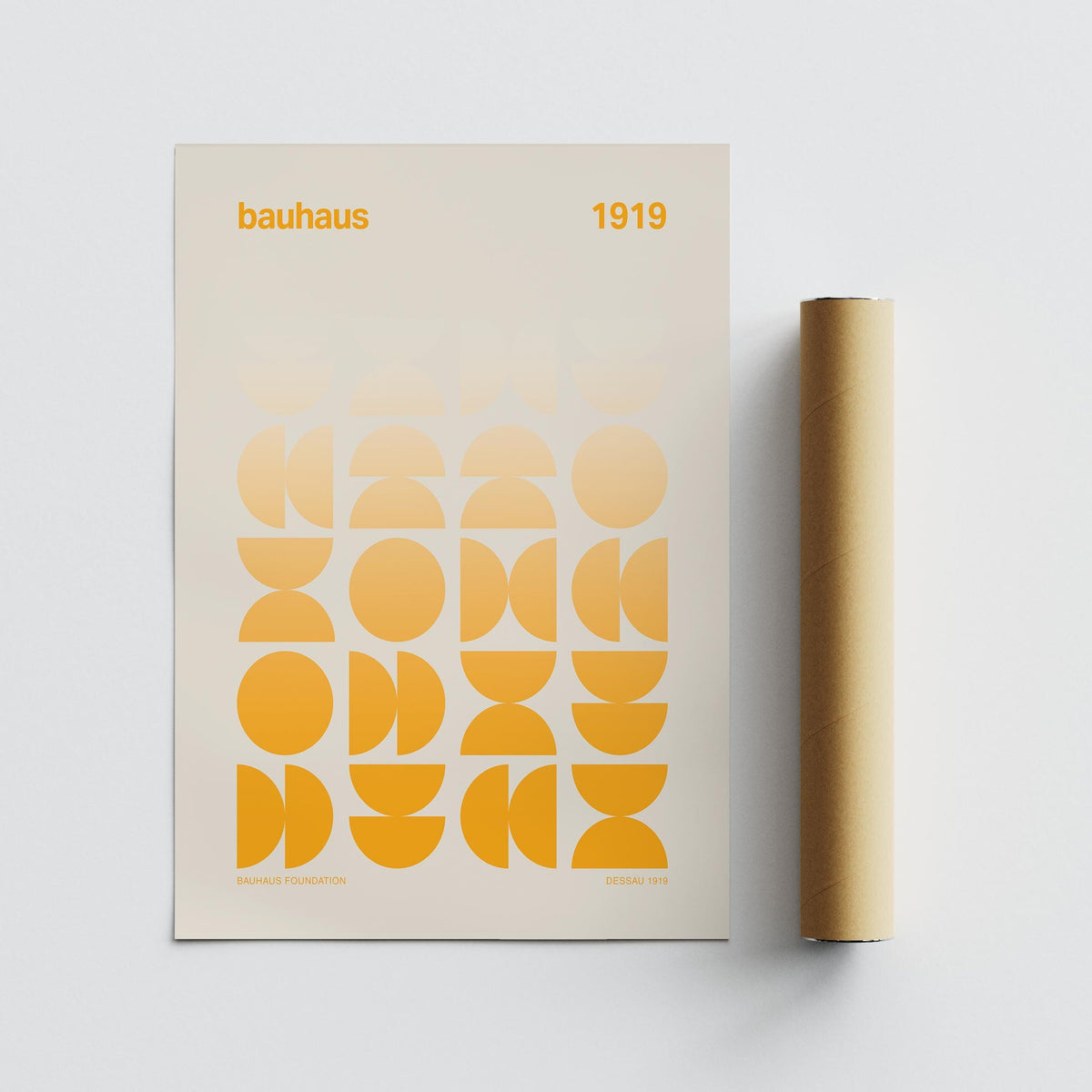 Posters Bauhaus flat print with yellow geometric shapes next to a brown packaging tube