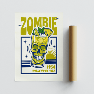 Zombie Cocktail Art Print shown flat next to a brown packaging tube with a white background