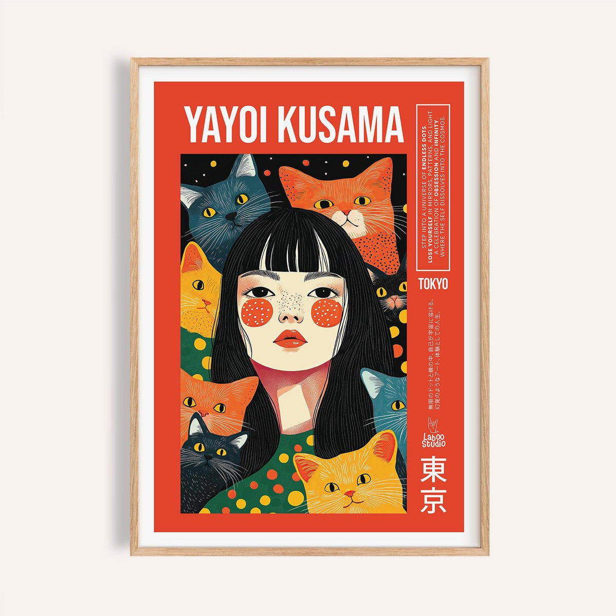 Framed quirky wall art of a woman surrounded by orange and blue cats with polka dots