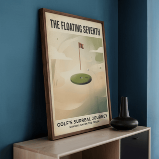Framed Surreal Golf Art Print with a floating green and flag leaning on a sideboard with a vase