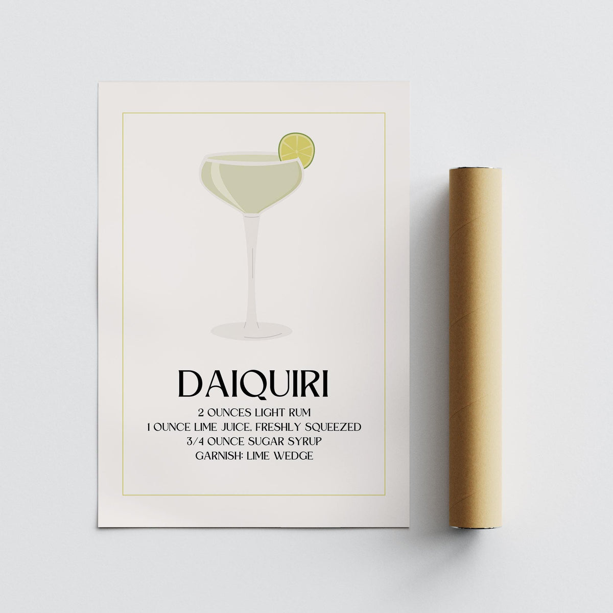 Minimalist daiquiri cocktail illustration with typographic recipe beside a brown packaging tube