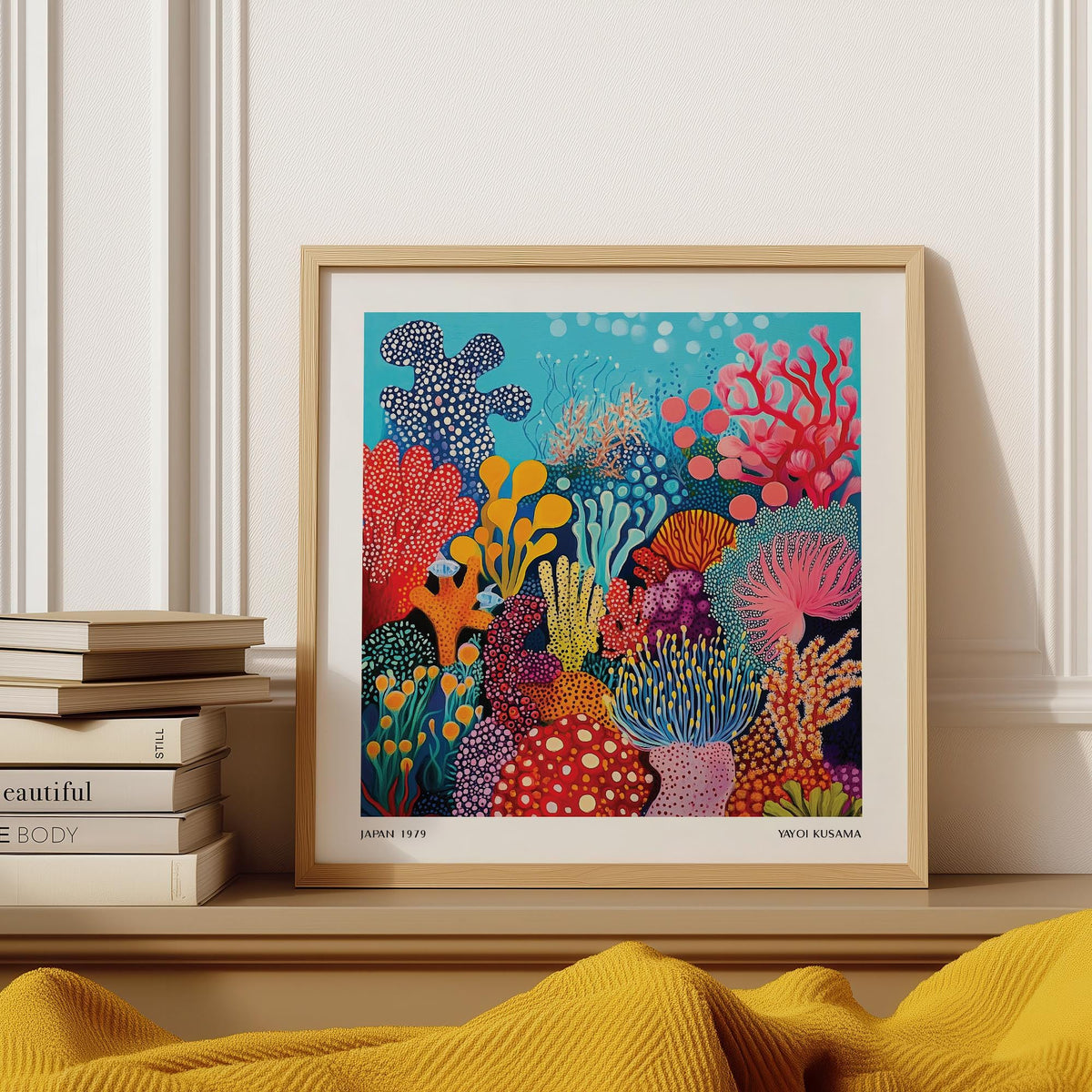 Bright coral reef scene in an under sea poster inspired by Yayoi Kusama's dot patterns.