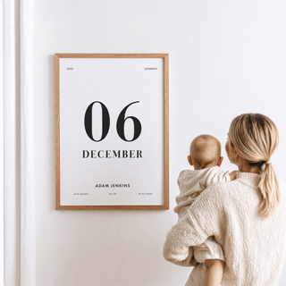 Born This Day Custom print showing a birth date and name in black text in a white frame with a woman holding a baby nearby