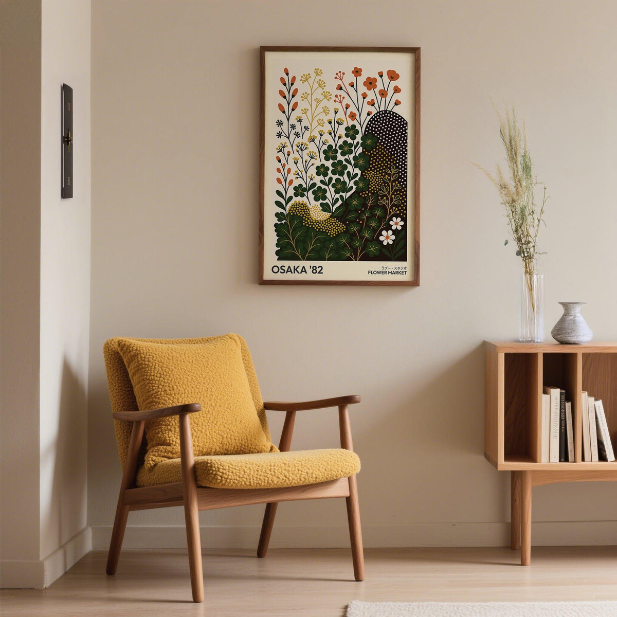 Modern Nature wall art print of clover flowers in a minimalist style above a mustard armchair in a living room