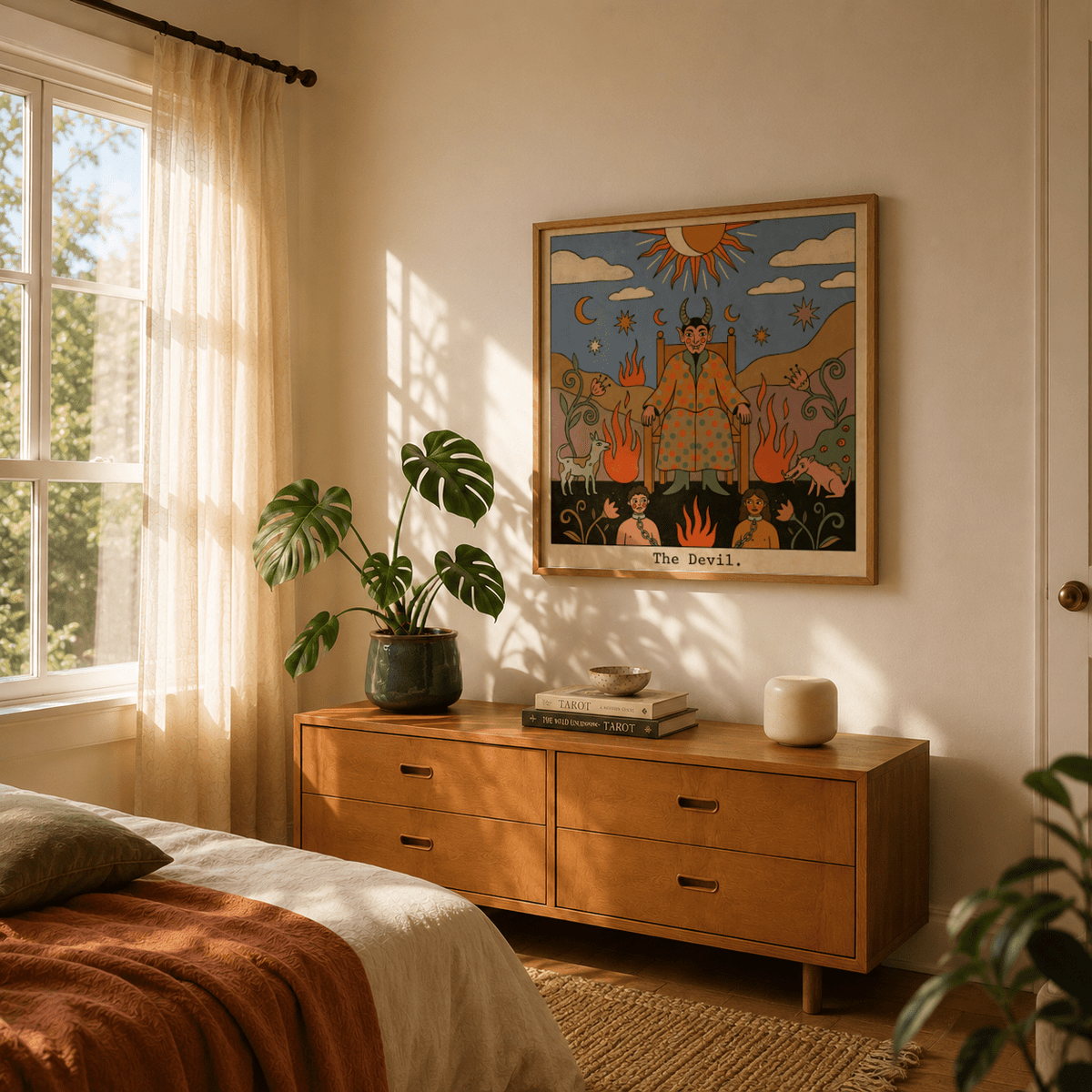Tarot Card Devil Art print in folk-art style hung above a wooden sideboard with books and a plant in a bedroom