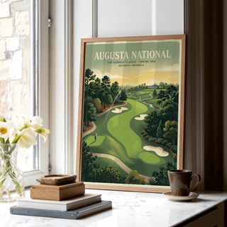 Framed Southern Golf Course Poster leaning near a window with books and a cup on a marble surface