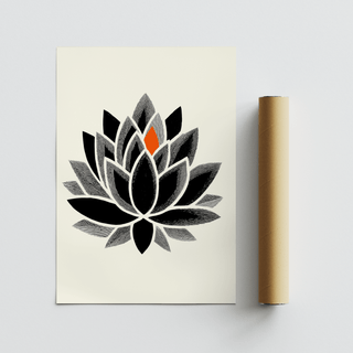Lotus art print of a stylised black and grey lotus flower with one orange petal shown with a packaging tube