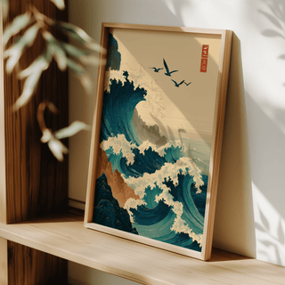 Japanese Wave Art Print framed close-up of ocean waves with birds in blue and beige leaning on a wooden shelf