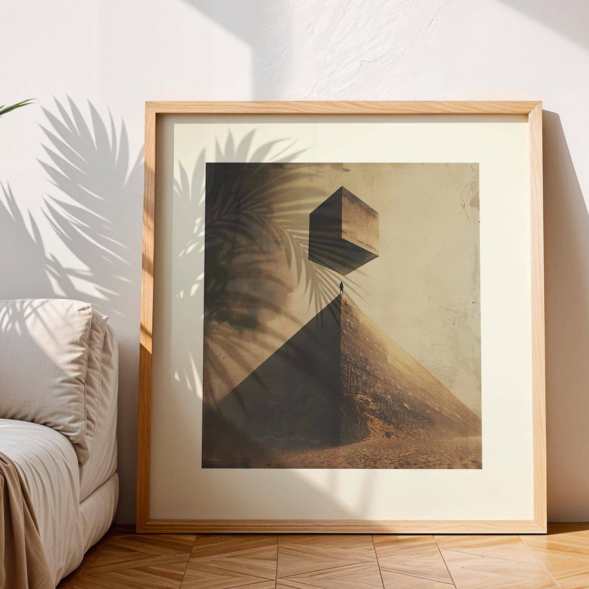Framed Neutral Color Wall Art of a surreal pyramid with floating cube beside a sofa with plant shadows