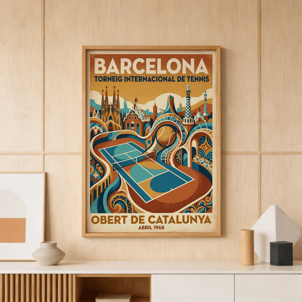 Print on a wall of a Barcelona Tennis Poster with retro illustration in blue and orange tones above a shelf