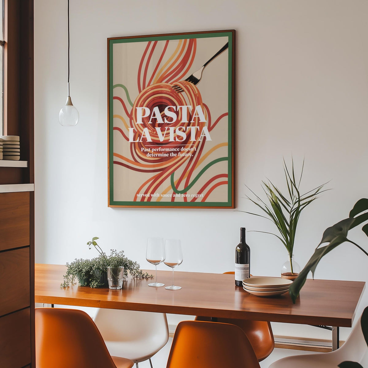 Dining Room Prints with spaghetti pasta fork illustration and curved lines above dining table with wine and glasses