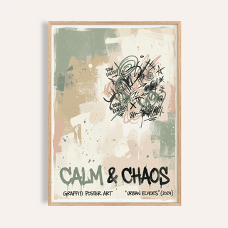 Urban Graffiti Art Print framed close-up showing abstract text art in beige green and black