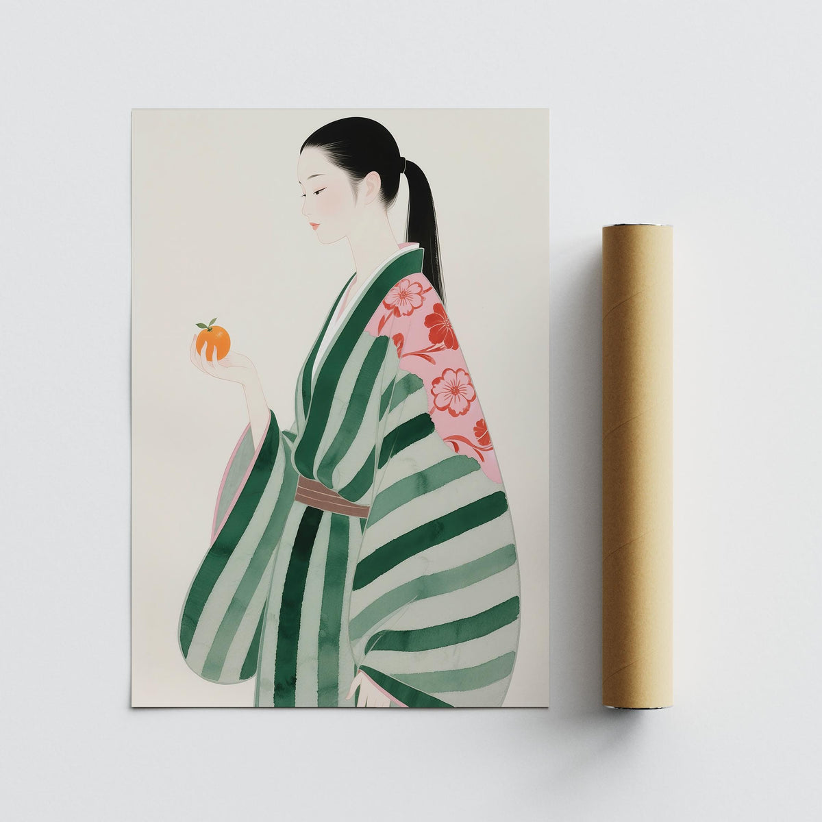 Unique wall art for living room showing a woman in a green striped kimono holding an orange next to a packaging tube