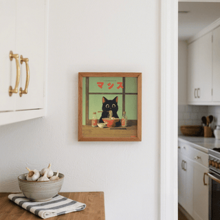 Print of Ramen Cat Art with a black cat eating noodles in a red bowl in a kitchen