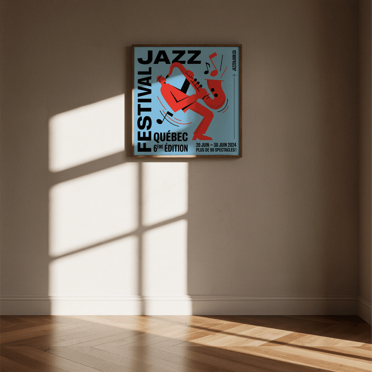 Music wall art of a red saxophone player on a blue background hanging in a room with wooden floor