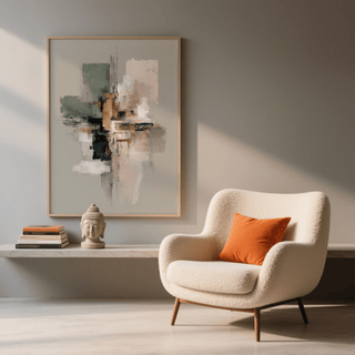 Print on a wall in a room with a beige textured armchair and an orange cushion beside a shelf with books and a small statue