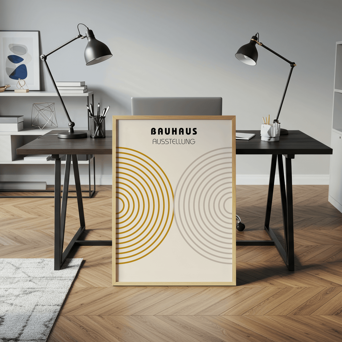 Minimalist wall decor leaning on a desk with black lamps and office supplies in a workspace