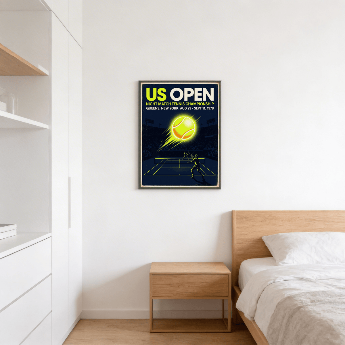 New York Tennis Championship Poster print on a wall in a bedroom with wooden bedside table