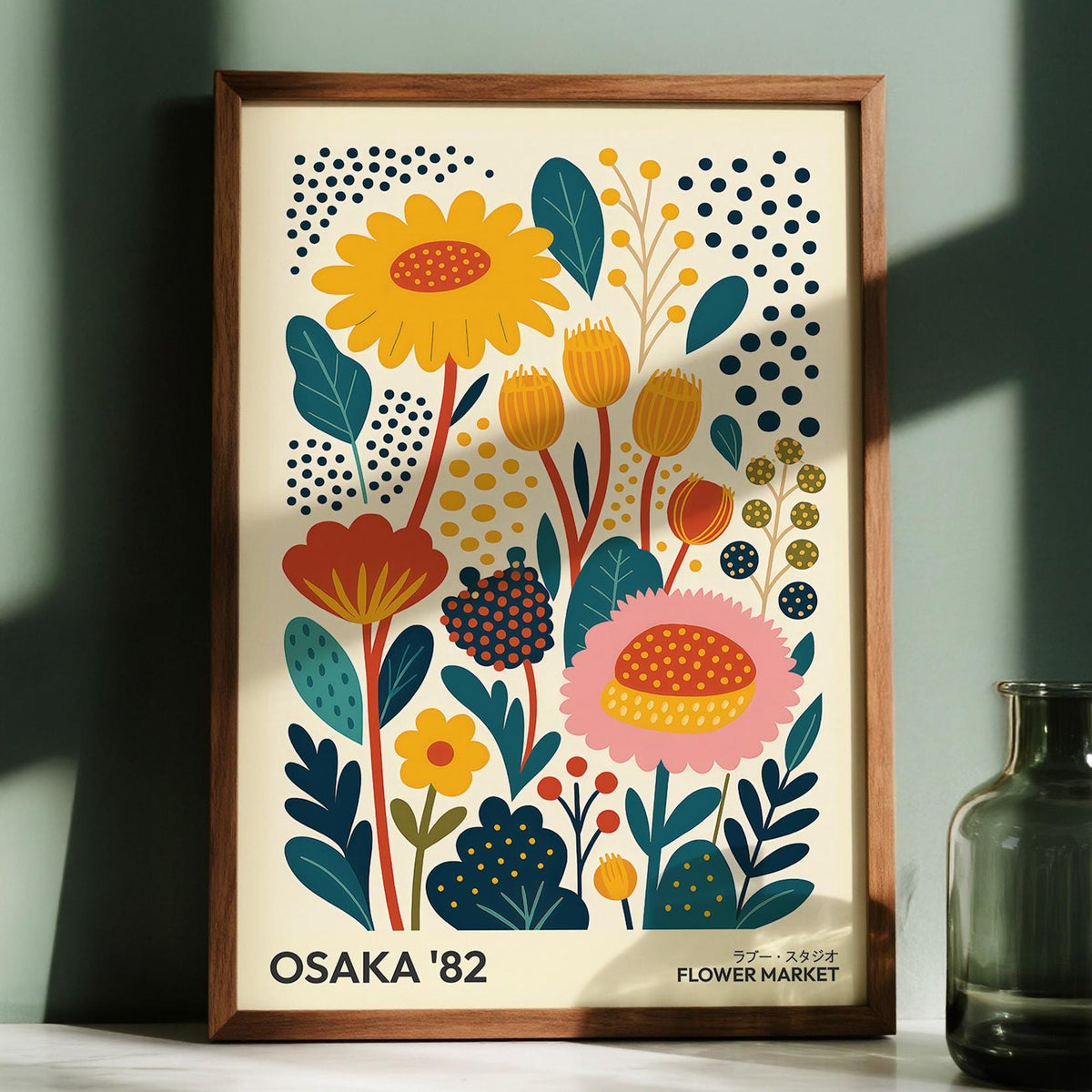 Spring Print framed close-up of colourful minimalist flower illustration with shadows and a glass bottle