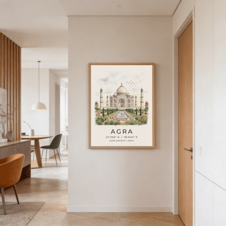 Agra Historical Poster framed print of Taj Mahal illustration with soft watercolour hues in a hallway