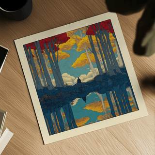 Print close-up of Hasui Kawase Serene Nature wall art showing red and yellow trees reflected in water