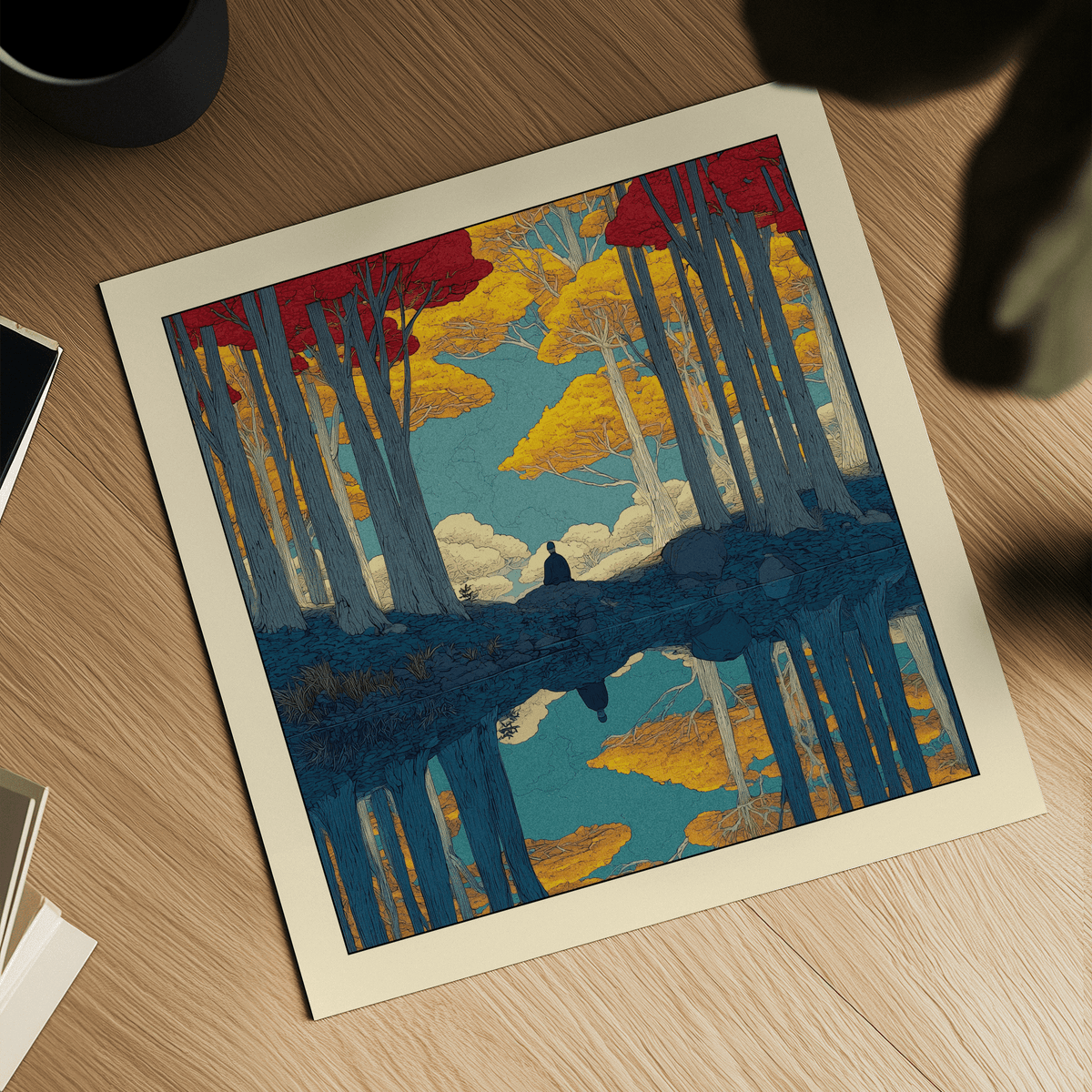 Print close-up of Hasui Kawase Serene Nature wall art showing red and yellow trees reflected in water