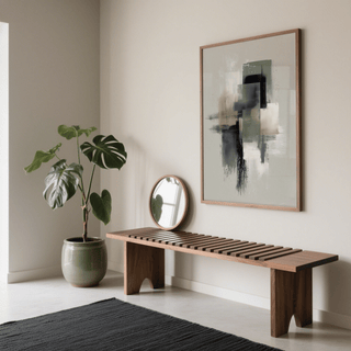 Neutral Wabi Sabi wall art with abstract blocks in muted tones above a wooden bench next to a green plant