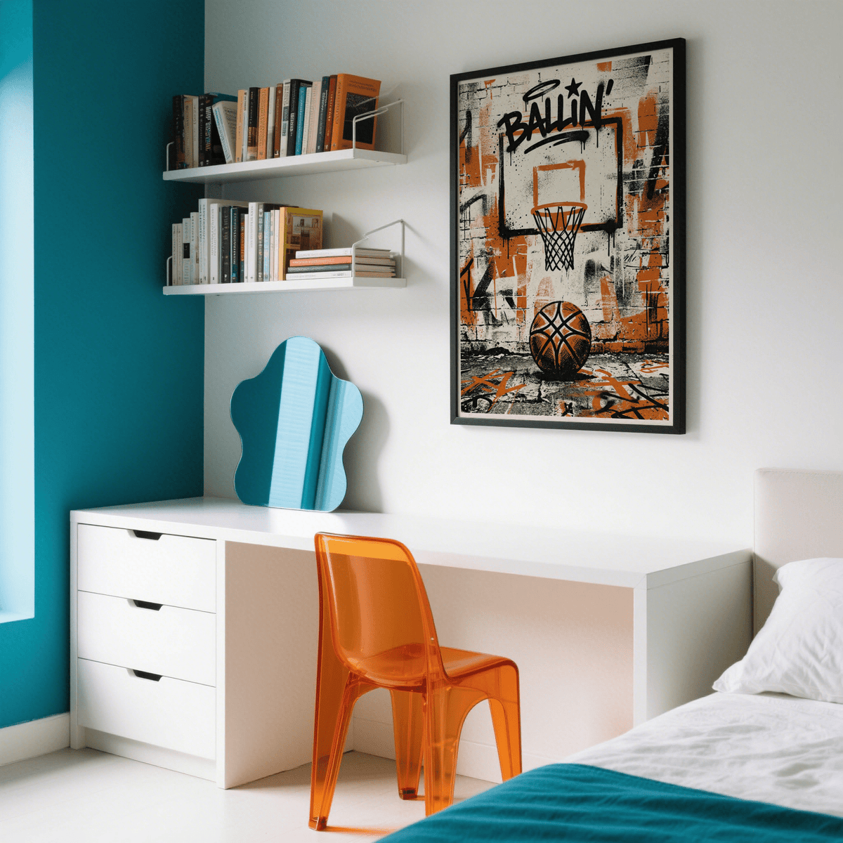 Urban Basketball Print on a white wall with a transparent orange chair and desk below in a bedroom