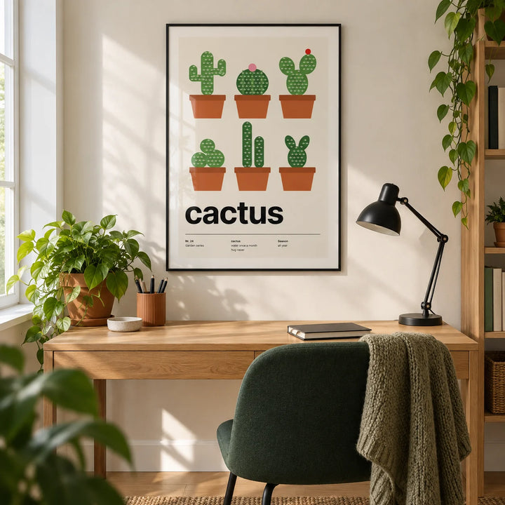 Cacti Print, framed on the wall of a modern home office in a UK first flat for a plant lover (22-28)