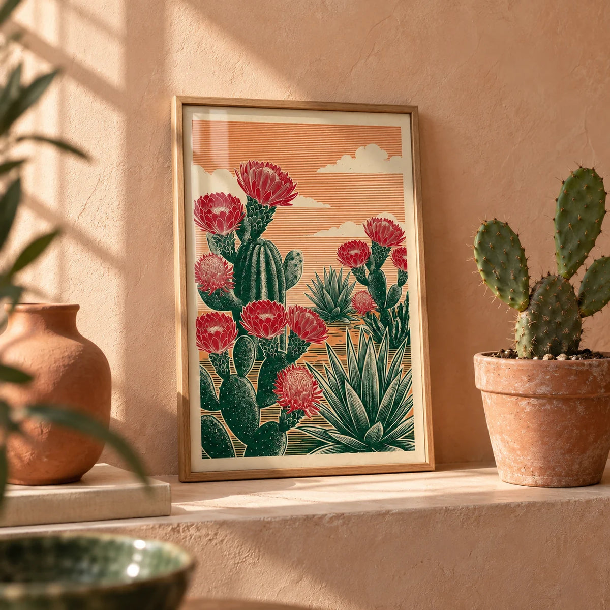Cactus Desert Art, a small A4 framed print leaning on a plaster shelf in a living room