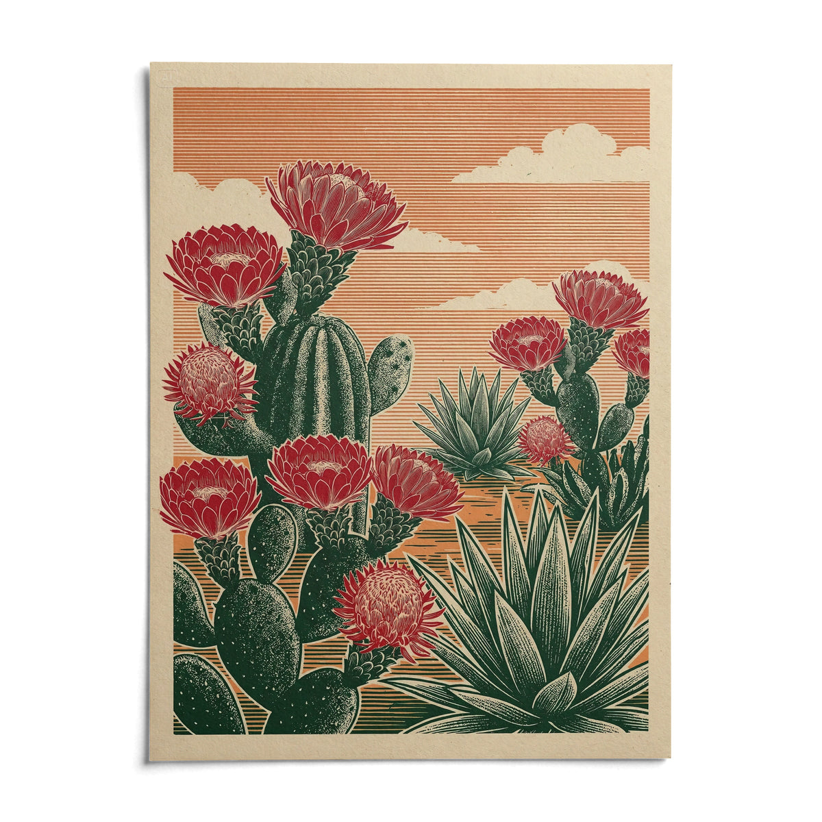 Cactus Desert Art, shown as an unframed paper print on a plain white background