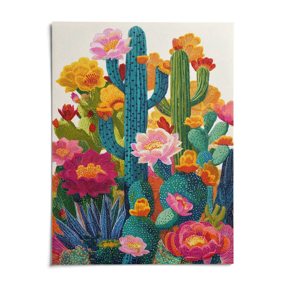 Cactus Flower Art, shown as an unframed paper print on a plain white background