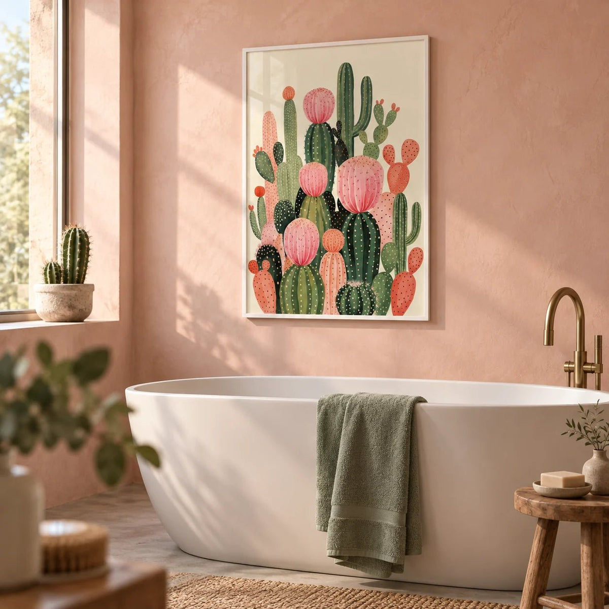 Cactus Print, framed on the wall of a bathroom with a blush pink limewashed wall