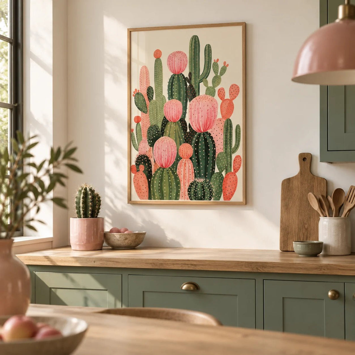 Cactus Print, framed on the wall of a kitchen with sage green painted cabinets