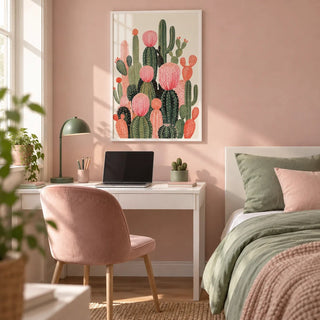 Cactus Print, framed on the wall of a teen girl's bedroom (age 13-17) with a blush pink wall