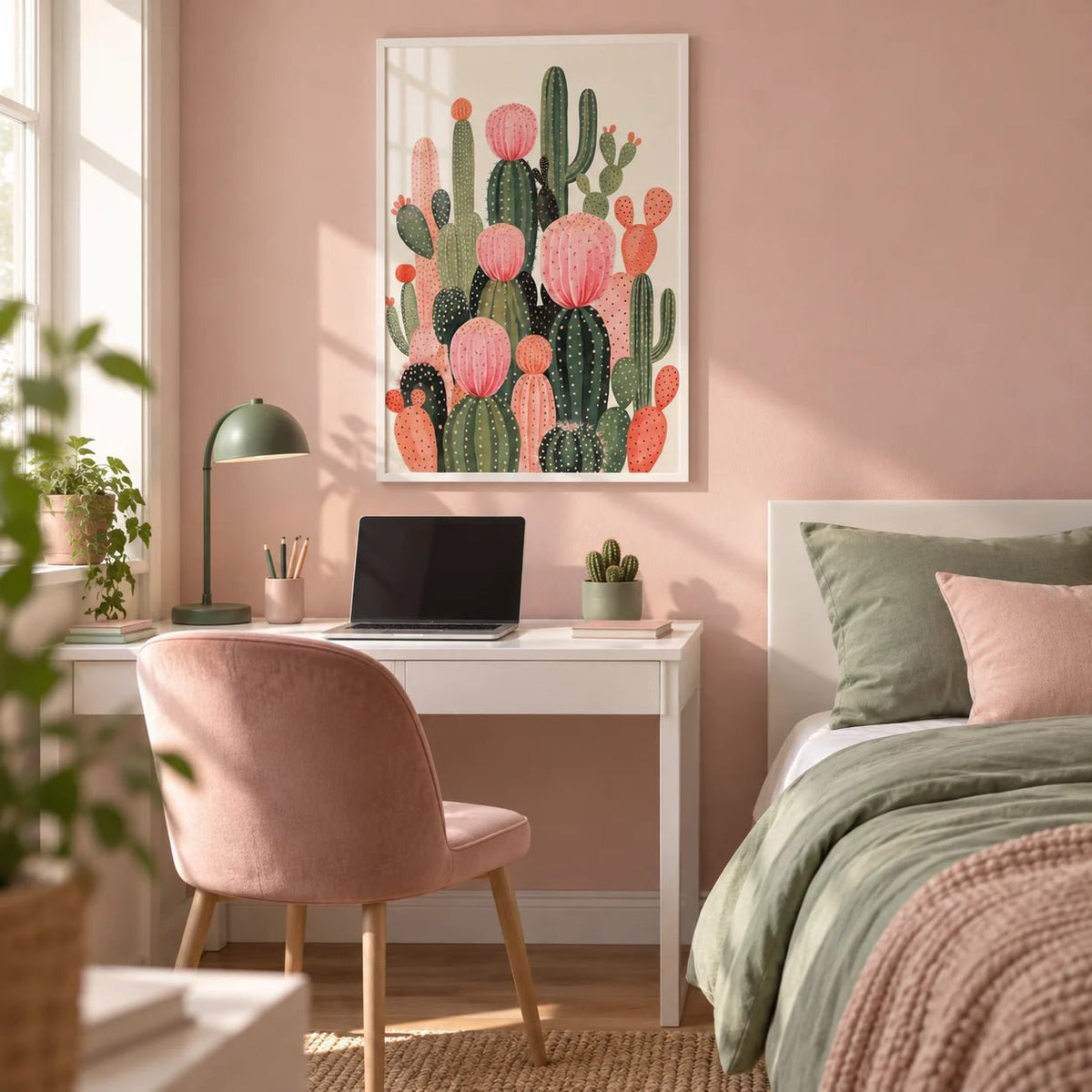 Cactus Print, framed on the wall of a teen girl's bedroom (age 13-17) with a blush pink wall