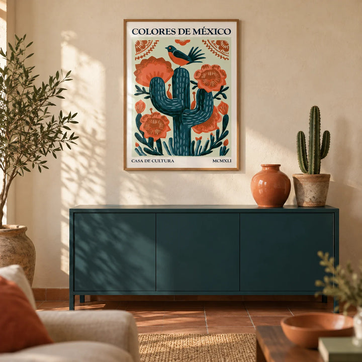 Cactus Wall Art, framed on the wall of a warm Mexican-modern living room with plain limewashed cream plaster walls and a terracotta floor