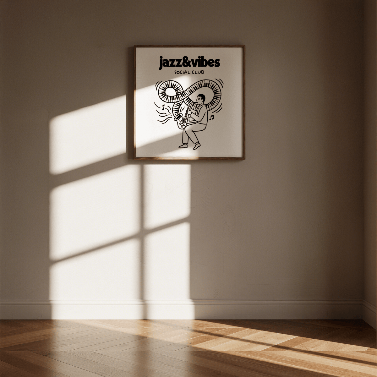 Framed Jazz Social Club art print with a man playing saxophone in black line-art on cream wall